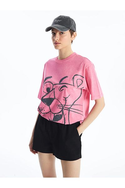 LC Waikiki LCW Vision - Pink Panther Print Oversize dámské tričko, výstřih, krátký rukáv