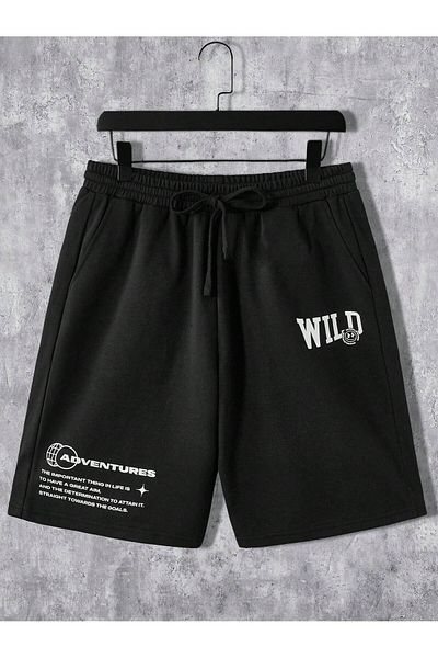 Mythologie Pantaloni scurți tricotați cu talie înaltă, cu buzunare, cu imprimeu negru - bumbac pieptănat Wild Adventures