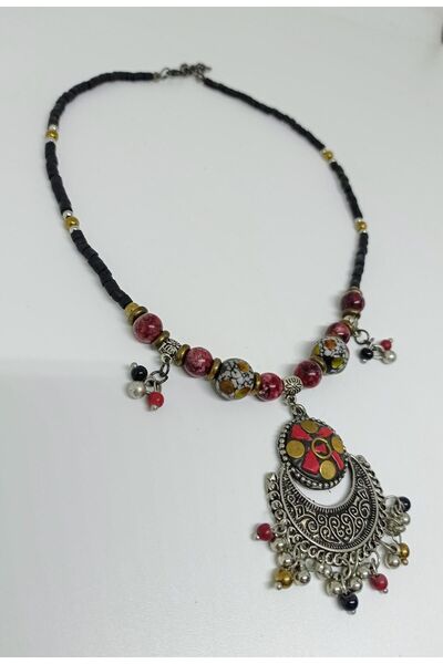 mama india alaçatı Afgan Uçlu Etnik Tasarım Otantik Bohem Kısa Hint Kolye No:44