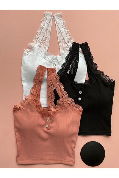 LEYNA BUTİK Women's Lace Strap Half Tank - 3 Pieces Camisole with Removable Pads (Green-White-Dried Rose)