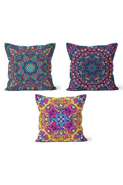 PASAJ HOME Ks-135 Double Sided Printed Mandala Patterned 3-Piece Throw Pillow Cover