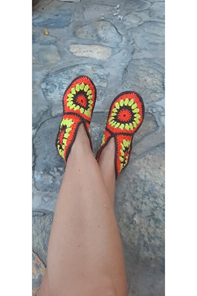 Hippybutik Turuncu Sarı Kahve  Motifli Tığ Dokuma Ev Patiğ