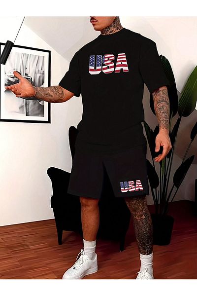 Mythologie USA Ladies Design - Black Printed Oversize Crew Neck T-Shirt and Shorts Set