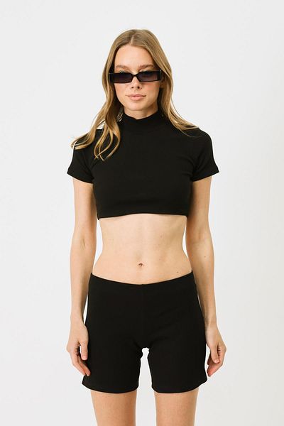 C&City Schwarze Crop-Cord-Damenbluse – kurze Ärmel, Stehkragen 922