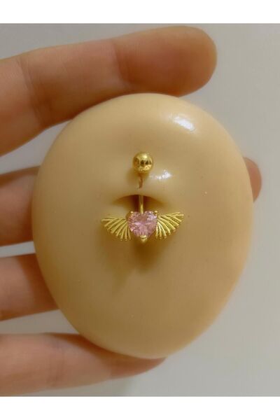 Arescollection CERRAHİ ÇELİK PEMBE TAŞLI KALPLİ KANATLI GOLD RENK GÖBEK PİERCİNGİ