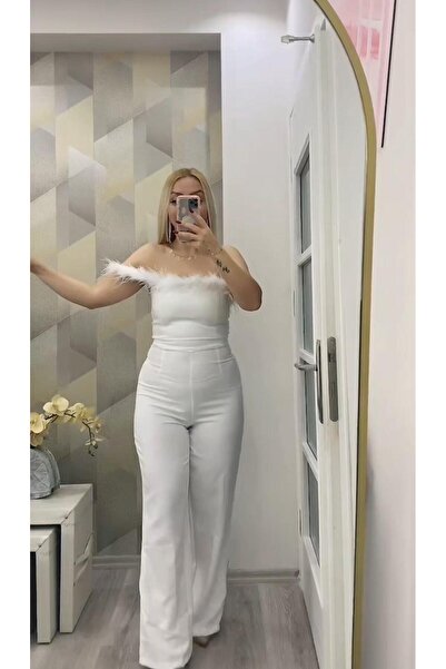 SUSEEMODA Tüy Detaylı Tek Askı Atlas Tulum Beyaz