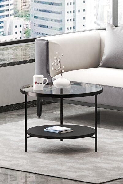 Pinkcloset 60 Çap Oslo Orta Sehpa Temperli Şeffaf Cam , Siyah Alt