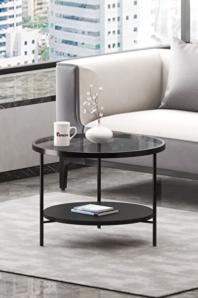 Pinkcloset 60 Çap Oslo Orta Sehpa Temperli Füme Cam , Siyah Alt