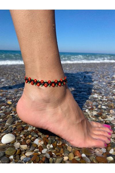 Beykan Red Flower Patterned Anklet
