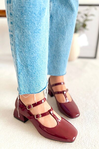 POLKA STORE Women's Mary Jane Burgundy Patent Leather Closed Back Double Tape Square Toe Helmet Short Block Heeled Shoes