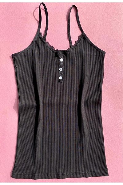 VicTroy Button Detailed Camisole Rope Strap Black Color Lace Tank and Shorts Set 64V61