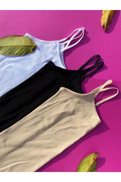 VicTroy Cotton 3-Piece Rope Strap Corded Women's Tank Top Tan, Black, White Women's Tank Top 64V20