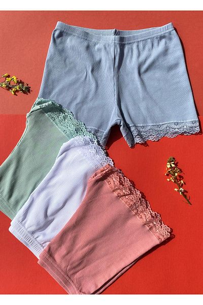 VicTroy Boxer pentru femei, 4 piese, verde, trandafir uscat, alb și albastru, din bumbac, cu snur, 50V22