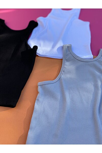 VicTroy Corded 2-Piece Black and Gray Cotton Half Tank Top-Crop