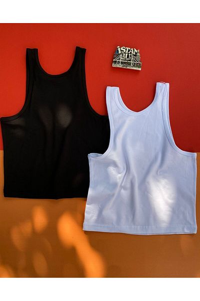 VicTroy Cotton 2 Pieces Black-White Color Pool Collar Crop-Atlet