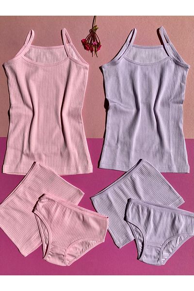 Ahmio Cotton Girl's Camisole 2-Piece Set - Pink and Lilac Undershirt, Shorts and Panties (6 Pieces)