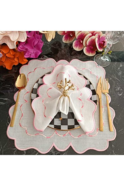 LASETU 6 Pieces Pink and Marbled Detailed Placemat Stain Resistant Fabric