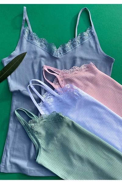 VicTroy Lacy 4-Piece Rope Strap Cotton Corded Lycra Pink, White, Blue and Green Tank Top 64f21