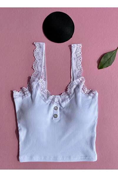 VicTroy Lace Strap-Ribana, Cotton 1 Piece White Pad Button Detailed Corded Women's Athlete-Blouse 64V34