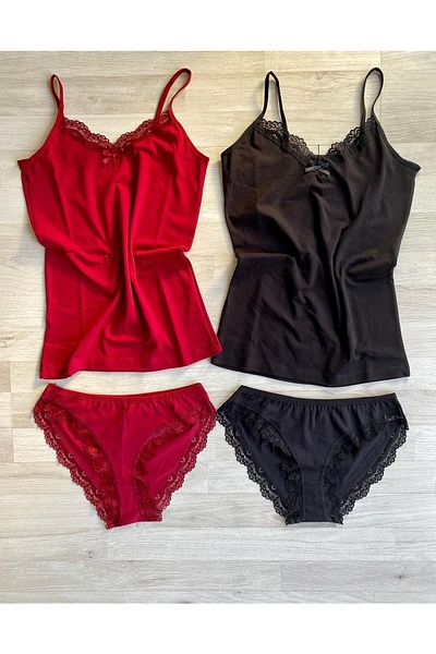 VicTroy (SET) 2 Pieces Lace Detailed Rope Strap Cotton Athlete-panty Set (1 Black and 1 Claret Red)