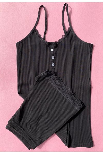 VicTroy Button Detailed Camisole Rope Strap Black Color Lace Tank and Shorts Set 64V61