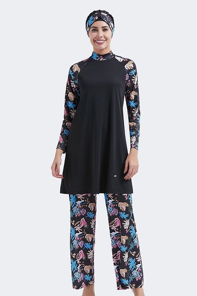 C&City Vollständig bedeckter 4-teiliger Hijab-Badeanzug C11007 Schwarz