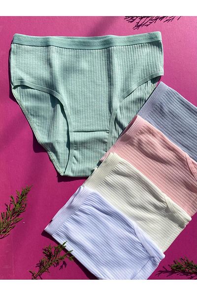 VicTroy Cotton 5-Piece Ecru, White, Green, Blue and Pink Color Ribbed Triangle Women's Panties 50G20