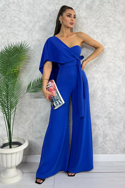 GÜLSELİ Βραδινό φόρεμα Sax Blue με στράπλες και λεπτομέρεια φύλλου - Loose Cut Style