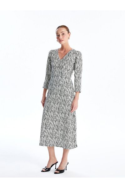 LC Waikiki LCW Gemustertes Damenkleid mit V-Ausschnitt