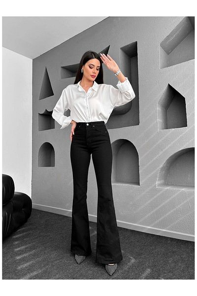 Trn JNS Blugi spanioli Blugi spanioli cu talie înaltă Pantaloni negri din denim spanioli (Lycra)