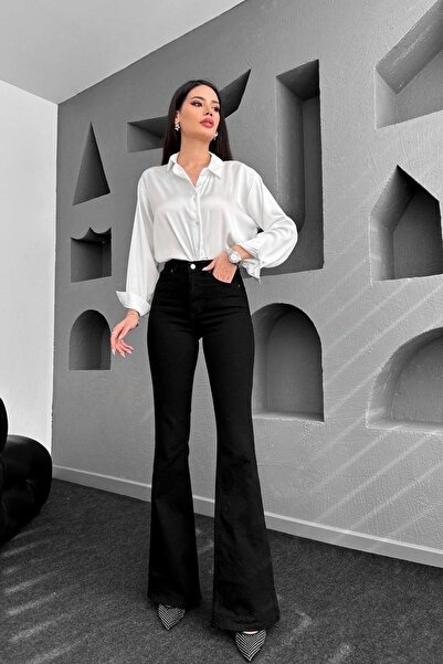 dressmix Trend Jean Yüksek Bel Ispanyol Paça Siyah Jeans Kot Pantolon-Siyah