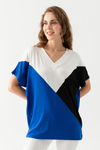 EtkiModa White Black Saks Blue - Bluză de damă din viscoză cu mâneci liliac