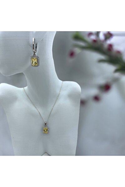 Nur Sifa Evi Sitrin Doğaltaşlı Küpe, Kolye ve Yüzük Gümüş Set
