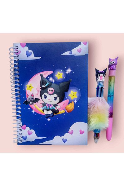 izmir yazici servis Kuromi Spiral Checkered Hard Cover School Notebook 100 Sheets 16X22 Cmplush Pen and Water Pen Gift