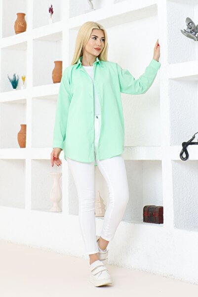 FATELLA Kadın Düz Renk Keten Rahat Kesim Oversize Uzun Basic Gömlek