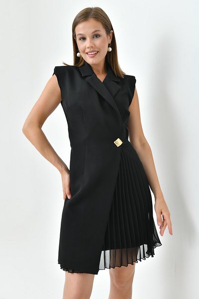 4S1B FASHION Πλισέ φούστα και διπλό στήθος Αμάνικο μαύρο βραδινό φόρεμα - Αρραβώνας 24K2179