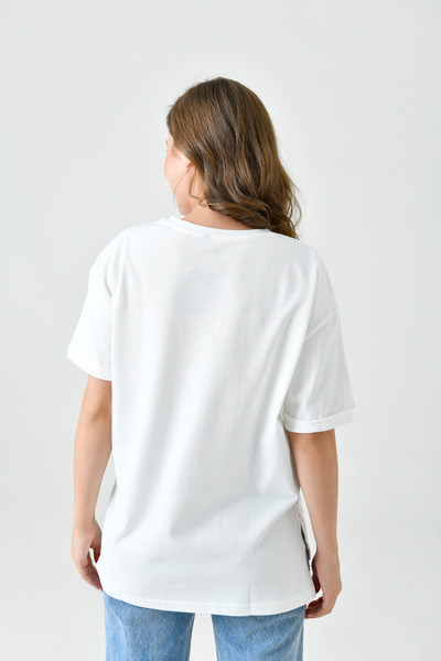 mirach Εκρού βαμβακερό χτενισμένο βαμβάκι - κοντομάνικο καλοκαιρινό μπλουζάκι μπλούζα χαλαρή εφαρμογή με στάμπα που δεν είναι λεπτή