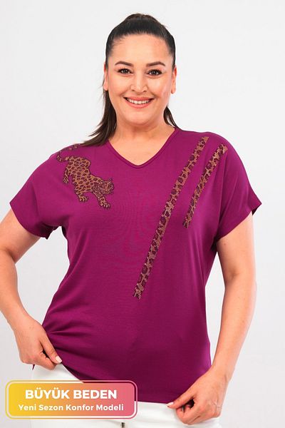 tarzımsüper New Season Comfortable Model - V-Neck Stripe Sequin Pattern Short Sleeve Large Size Tunic T-Shirt
