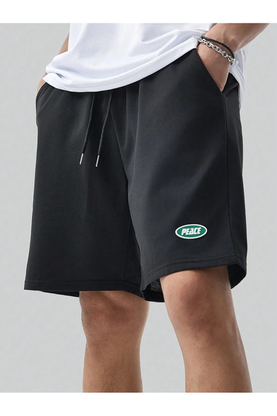 Boi Unisex Siyah Gri Penye bol kesim Salaş Şort-Green White Peace Şort Kadın Baskılı Yüksek Bel Cepli