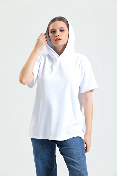 pulur.co Λευκό κοντομάνικο μπλουζάκι με κουκούλα 100% βαμβακερό μεγάλο μέγεθος 2 κλωστών