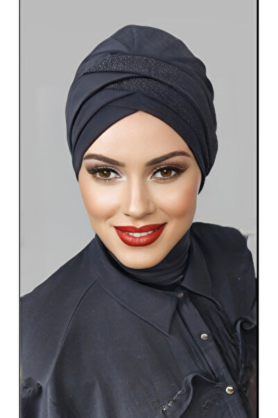 Polikromi Kadın Siyah Renk  Simli Bant  Detaylı Hazır Türban Tesettür Bone Eş...