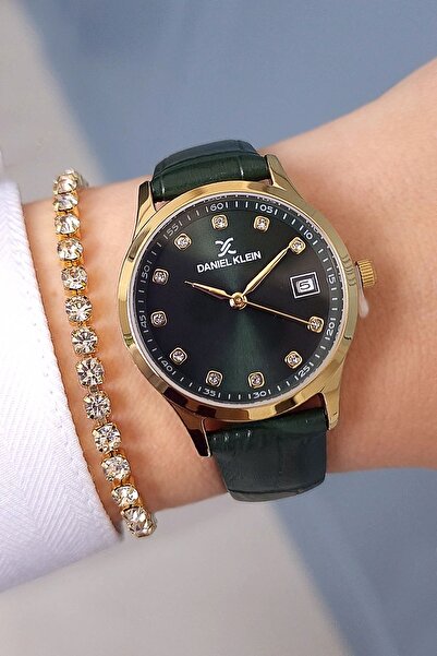 Daniel Klein Takvimli, Taşlı, Yeşil Deri Kayışlı Kadın Kol Saati, Taşlı Bileklik