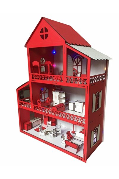 Genel Markalar Dekor Mdf Ev Eşyalı Maket Ev Ahşap Ev Oyun Evi 100cm 36 Eşya Kırmızı Işıklı Renk Dekoratif Maket Ev