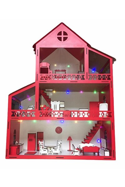 Genel Markalar Dekor Mdf Ev Eşyalı Maket Ev Ahşap Ev Oyun Evi 100cm 36 Eşya Kırmızı Işıklı Renk Dekoratif Maket Ev
