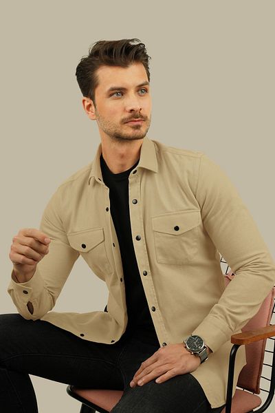 Etikmen Beiges Slimfit-Hemd aus echtem Denim für Herren – in Geschenkverpackung