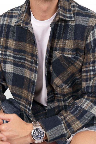 Etikmen Dickes Lumberjack-Hemd in Marineblau mit braunem Farbverlauf in Übergröße (weite Passform) mit Geschenkbox