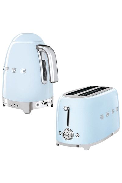 SMEG Pastel Blue Heat Adjustable Kettle and 2x4 Toaster Set