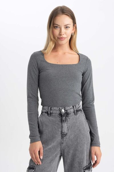 DeFacto Hosszú ujjú, karcsúsított, szögletes nyakú póló - B2067ax23au