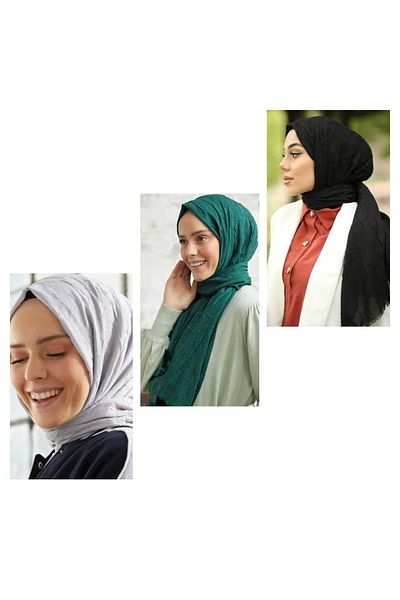 HAR-UM Ticaret Hijab Women's Bamboo Scarf Shawl Model-3 Piece Set Black>grey>green
