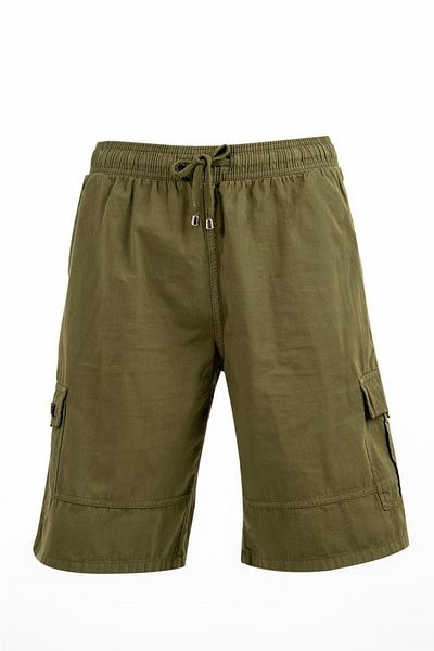 Miami Beach Unisex λινό σορτς - Χακί πράσινο, τσέπη Cargo, ελαστική μέση, 100% βαμβάκι